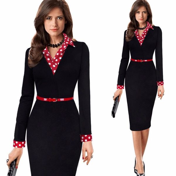 women elegant vintage autumn polka dot turn down collar belted wear to work office casual long sleeve sheath pencil dress, White;black
women elegant vintage autumn polka dot turn down collar belted wear to work office casual long sleeve sheath pencil dress, White;black