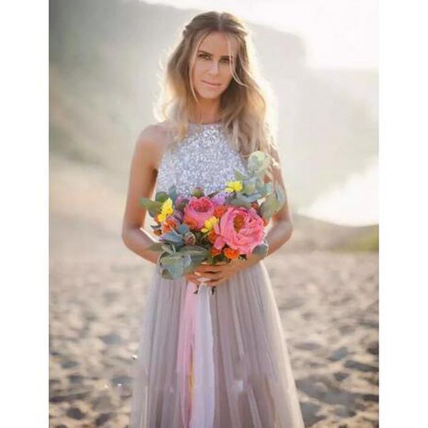 sequined beach wedding dress jewel sleeveless tulle a-line long wedding dresses vestido de noiva, White
