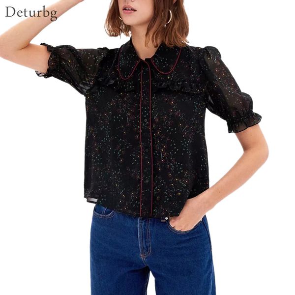 women cute ditsy florals print shirts female casual short sleeve peter pan collar ruffles black chiffon blouse summer br507, White
women cute ditsy florals print shirts female casual short sleeve peter pan collar ruffles black chiffon blouse summer br507, White