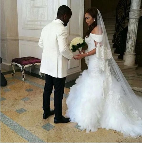 plus size new nigerian african black girls mermaid wedding dresses beads off shoulder lace applique tiered tulle sweep train bridal gowns, White 
plus size new nigerian african black girls mermaid wedding dresses beads off shoulder lace applique tiered tulle sweep train bridal gowns, White