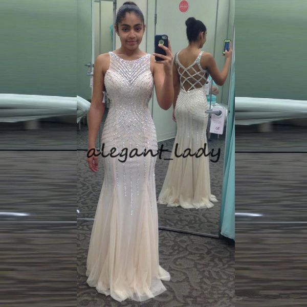 2018 beading light champagne prom dresses long mermaid pageant dress sheer neck sleeveless criss cross hollow back evening party gowns, Black
2018 beading light champagne prom dresses long mermaid pageant dress sheer neck sleeveless criss cross hollow back evening party gowns, Black