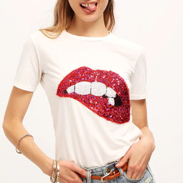 fashion sparkely glittery sequined lip round neck women t shirts casual short sleeve white summer women tees femme 2018
fashion sparkely glittery sequined lip round neck women t shirts casual short sleeve white summer women tees femme 2018