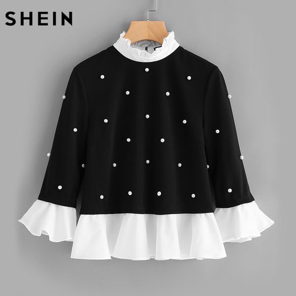 shein contrast frill trim pearl embellished black and white contrast collar three quarter length flare sleeve blouse
shein contrast frill trim pearl embellished black and white contrast collar three quarter length flare sleeve blouse