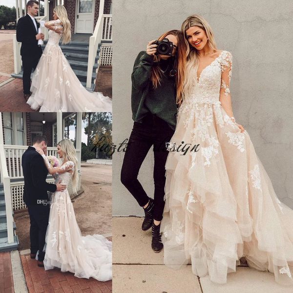 boho lace wedding dresses layered tulle appliques a-line bridal dresses illusion sleeves rustic country wedding gowns 2018 backless, White