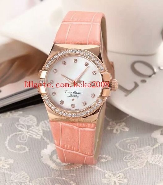 

luxury wrist watch constellation 36mm diamond border 18k rose gold leather bands strap vk quartz chronograph working ladies women's wat, Slivery;brown