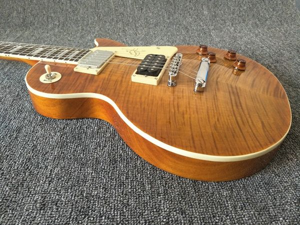 

custom shop 1959 jimmy page flame maple top amber sunburst лекѬогиаѬа mahogany body natural color back side, tune o matic bridge