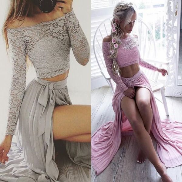 2018 chiffon off the shoulder two-pieces lace a line prom dresses illusion long sleeve split side evening party gowns cheap, Black
2018 chiffon off the shoulder two-pieces lace a line prom dresses illusion long sleeve split side evening party gowns cheap, Black