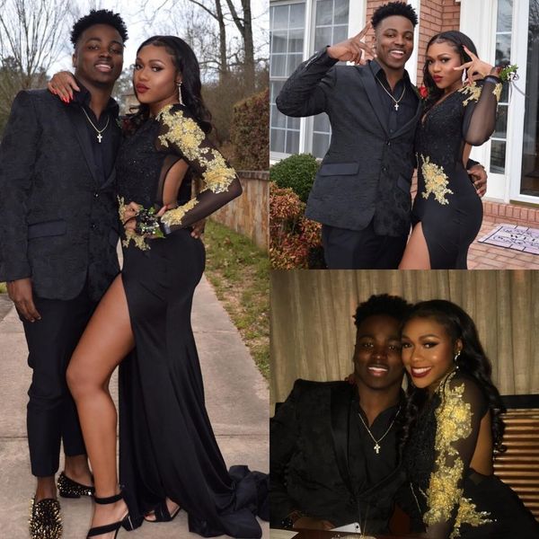 2020 new black african mermaid prom dresses deep v neck gold lace appliques side split long sleeves backless sweep train evening party gowns
2020 new black african mermaid prom dresses deep v neck gold lace appliques side split long sleeves backless sweep train evening party gowns