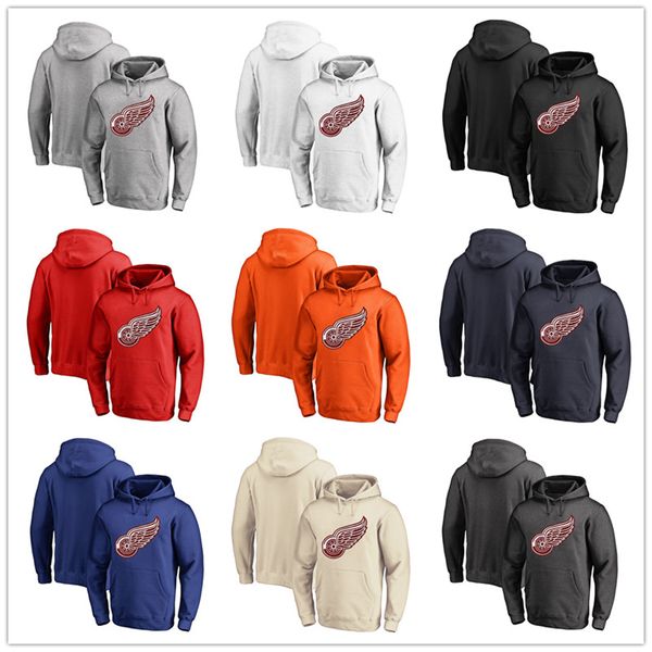 

men's detroit red wings fanatics branded black ash white red orange embroidery primary logo pullover hoodies long sleeve outdoor wear, Blue;black