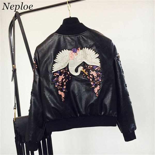 neploe new pu leather short coat swan floral embroidery jacket long sleeve stand collar jackets woman short baseball coats 37332, Black;brown
neploe new pu leather short coat swan floral embroidery jacket long sleeve stand collar jackets woman short baseball coats 37332, Black;brown