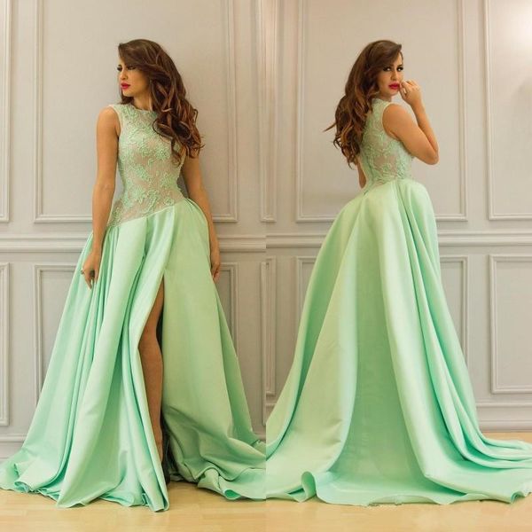 attractive side spilt prom dresses jewel neck beads lace applique evening dresses satin sweep train formal gowns, Black
attractive side spilt prom dresses jewel neck beads lace applique evening dresses satin sweep train formal gowns, Black