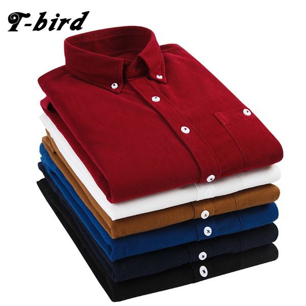 

t-bird 2108 new shirts men clothing long sleeves corduroy dress shirt autumn brand casual men's shirt solid male slim fit shirt y189210, White;black