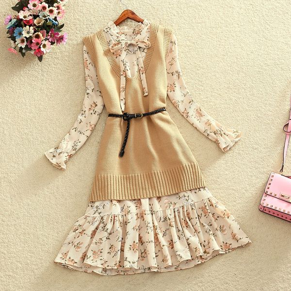 2017 new autumn winter women's clothing set lady long vest knitted sweater + floral print chiffon dress suit students vestidos, White;black
2017 new autumn winter women's clothing set lady long vest knitted sweater + floral print chiffon dress suit students vestidos, White;black