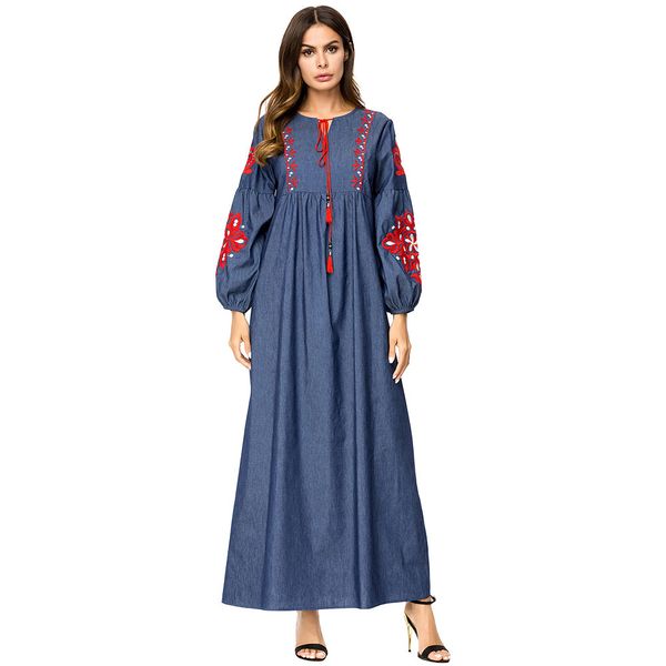 187304 korean style muslim women dresses autumn plus size embroidery denim dresses muslin retro long sleeved women's dress gown abaya, Red
187304 korean style muslim women dresses autumn plus size embroidery denim dresses muslin retro long sleeved women's dress gown abaya, Red