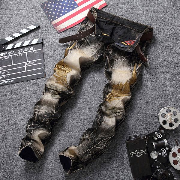 dant bulun men's embroidered jeans ripped slim skinny distressed vintage denim pants summer casual black gold trousers, Blue
dant bulun men's embroidered jeans ripped slim skinny distressed vintage denim pants summer casual black gold trousers, Blue