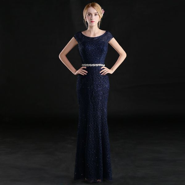 short sleeves lace mermaid evening dresses with crystal sash 2019 navy blue prom dress floor length formal dresses, Black;red
short sleeves lace mermaid evening dresses with crystal sash 2019 navy blue prom dress floor length formal dresses, Black;red