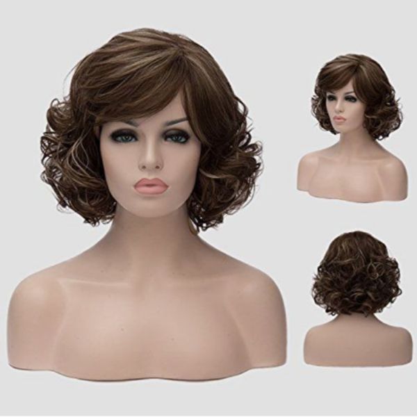 12" 30cm womens short curly wave wig fashion synthetic hair brown highlights, Black;brown
12" 30cm womens short curly wave wig fashion synthetic hair brown highlights, Black;brown
