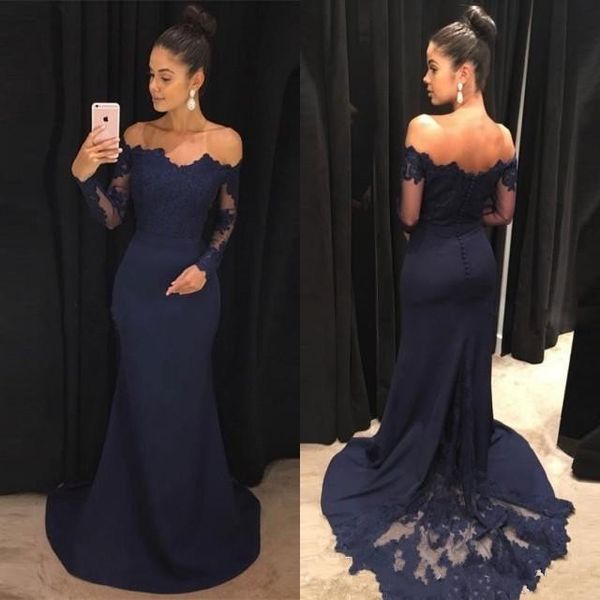 2018 Dark Navy Satin Off Shoulder Lace Appliques Mermaid Evening Dresses Long Sleeve Sweep Train Formal Prom Party Gowns Custom Made
2018 Dark Navy Satin Off Shoulder Lace Appliques Mermaid Evening Dresses Long Sleeve Sweep Train Formal Prom Party Gowns Custom Made