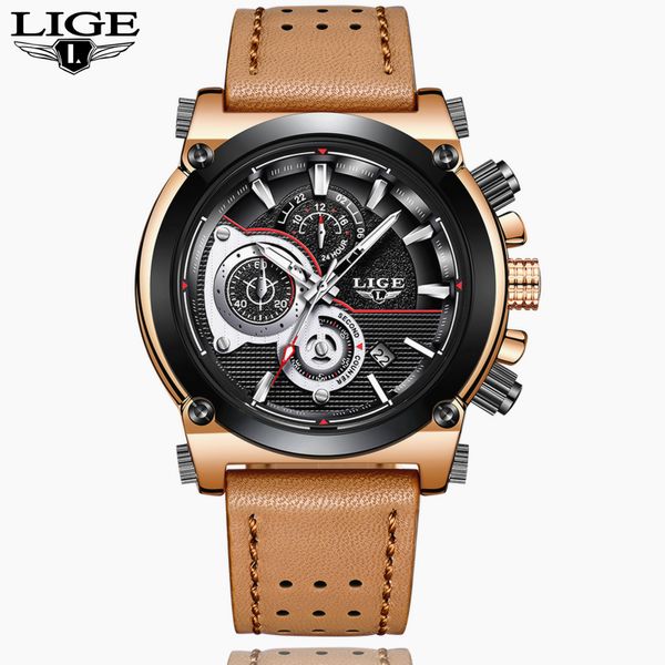 

lige brand men leather strap watches men's chronograph waterproof sport date quartz wristwatch gifts relogio masculino, Slivery;brown