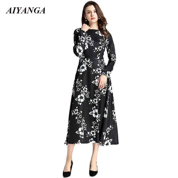 european and american style print dress women 2018 autumn winter long dress ladies o neck long sleeve elegant a-line dresses, White;black
european and american style print dress women 2018 autumn winter long dress ladies o neck long sleeve elegant a-line dresses, White;black