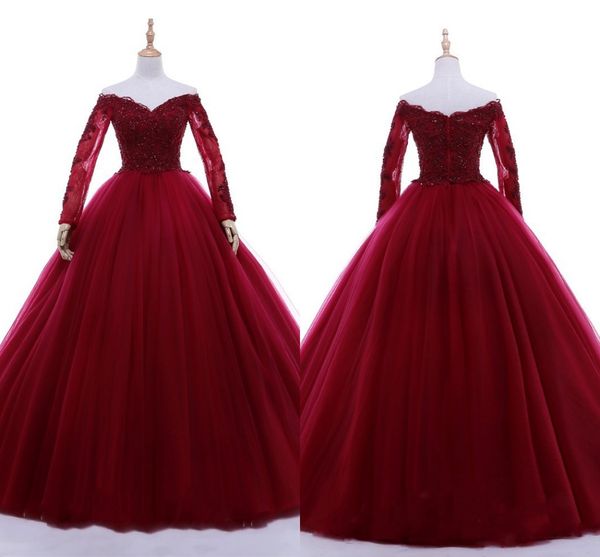 2019 wine red ball gowns prom dress for sweet 16 off the shoulder illusion long sleeve lace beaded sequins graduation dress formal gowns, Black
2019 wine red ball gowns prom dress for sweet 16 off the shoulder illusion long sleeve lace beaded sequins graduation dress formal gowns, Black