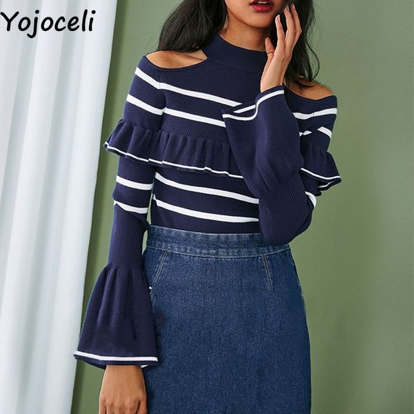 yojoceli cold shoulder striped ruffle knitted sweater women autumn winter soft sweater pullover flare sleeve chic jumper female, White;black
yojoceli cold shoulder striped ruffle knitted sweater women autumn winter soft sweater pullover flare sleeve chic jumper female, White;black