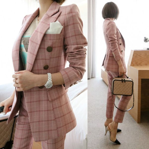 work office pants and jackets 2 pieces women blazer suit 2018 autumn vintage pinkplaid business formal suits for women, White;black
work office pants and jackets 2 pieces women blazer suit 2018 autumn vintage pinkplaid business formal suits for women, White;black