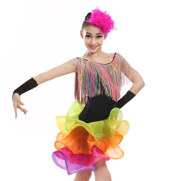 

tassel latin dance dress for girls salsa spandex rumba tango children ballroom latin dresses kids samba competition 2018 fringe, Black;red