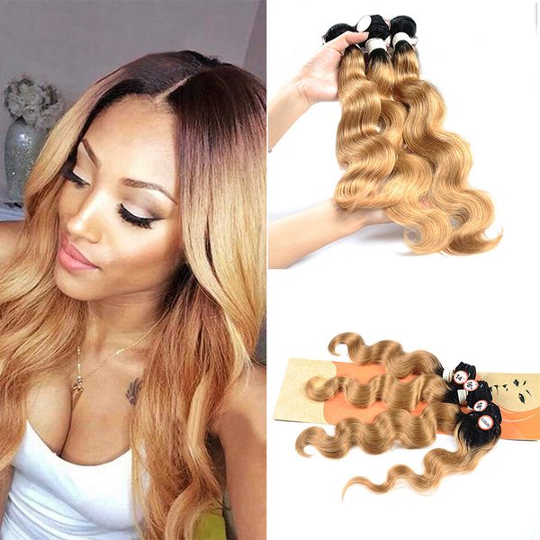 

ombre malaysian body wave human hair weave with lace closure part colored 1b/27# blonde virgin hair 3 bundles with lace closure, Black;brown