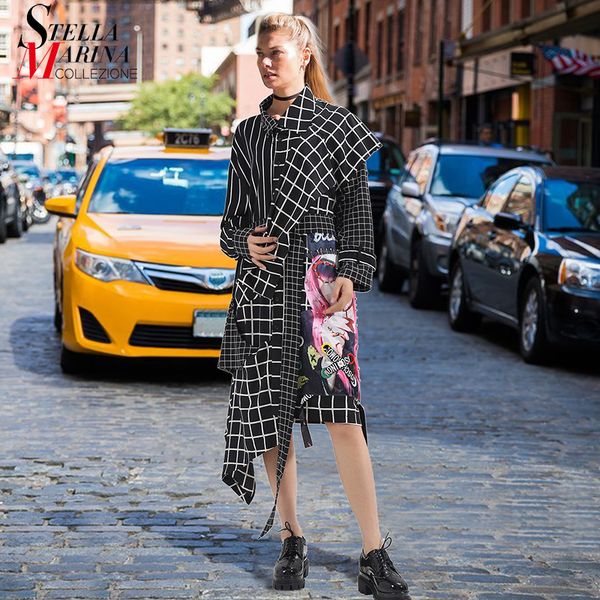 new 2018 spring women stylish black plaid dress belted long sleeve knee length evening party club wear irregular dresses 3210, White;black
new 2018 spring women stylish black plaid dress belted long sleeve knee length evening party club wear irregular dresses 3210, White;black