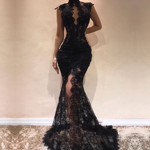 2019 mermaid lace evening dresses high neck front split illusion long prom dresses floor length evening gowns, Black;red
2019 mermaid lace evening dresses high neck front split illusion long prom dresses floor length evening gowns, Black;red