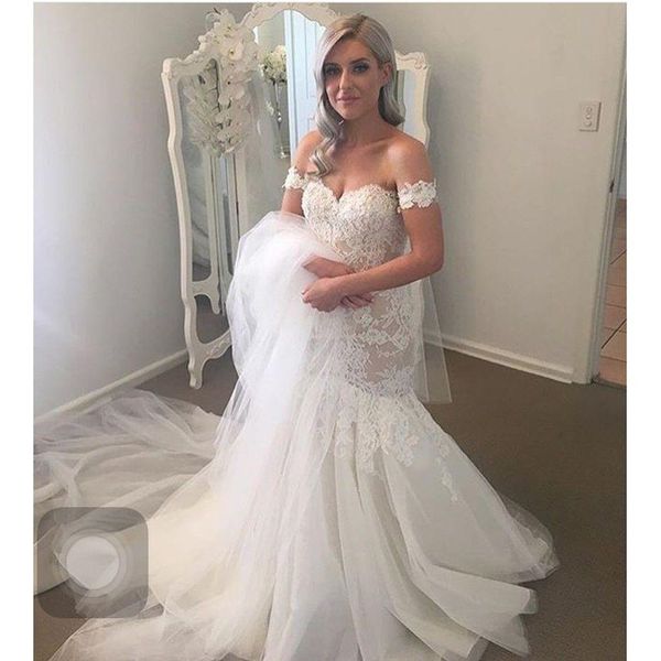 off the shoulder mermaid wedding dresses vintage lace appliques bridal gowns cap sleeves zipper back sweep train country style wedding gowns, White
off the shoulder mermaid wedding dresses vintage lace appliques bridal gowns cap sleeves zipper back sweep train country style wedding gowns, White