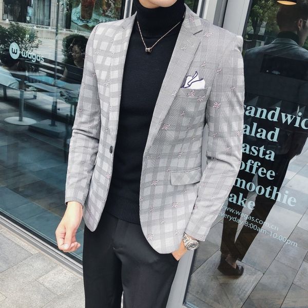 pattern check blazer men slim fit plaid blazer jacket men with flower vintage classic casual stylish blazer(s~3xl, White;black 
pattern check blazer men slim fit plaid blazer jacket men with flower vintage classic casual stylish blazer(s~3xl, White;black