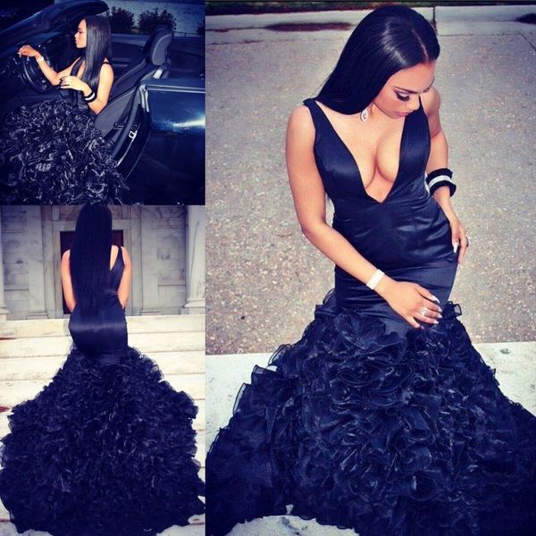 2018 new mermaid prom dresses 2k18 plunging v neck backless organza tiered ruffles skirts evening gowns plus size formal party dress, Black
2018 new mermaid prom dresses 2k18 plunging v neck backless organza tiered ruffles skirts evening gowns plus size formal party dress, Black