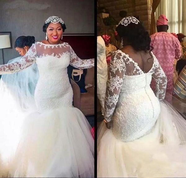 plus size wedding dresses lace appliuques long sleeve sheer neck mermaid elegant new 2019 bridal gowns vestido de noiva, White
plus size wedding dresses lace appliuques long sleeve sheer neck mermaid elegant new 2019 bridal gowns vestido de noiva, White