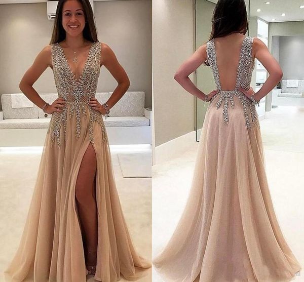 Luxury Beaded Side Split Prom Dresses Deep V Neck See Through Back Party Saudi Arabic Long Evening Dress Crystal Plus Size 2018
Luxury Beaded Side Split Prom Dresses Deep V Neck See Through Back Party Saudi Arabic Long Evening Dress Crystal Plus Size 2018