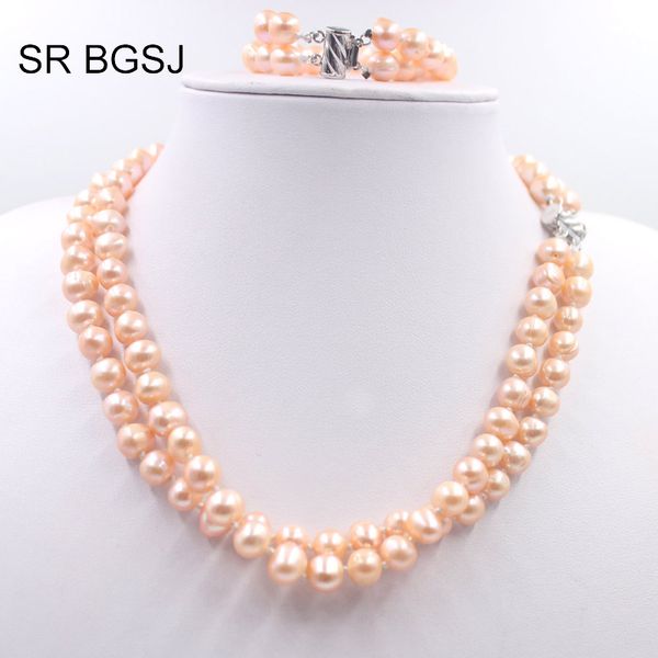 8-9mm 2 rows natural pearl necklace bracelet gf box tab clasp lady jewelry set, Silver
8-9mm 2 rows natural pearl necklace bracelet gf box tab clasp lady jewelry set, Silver