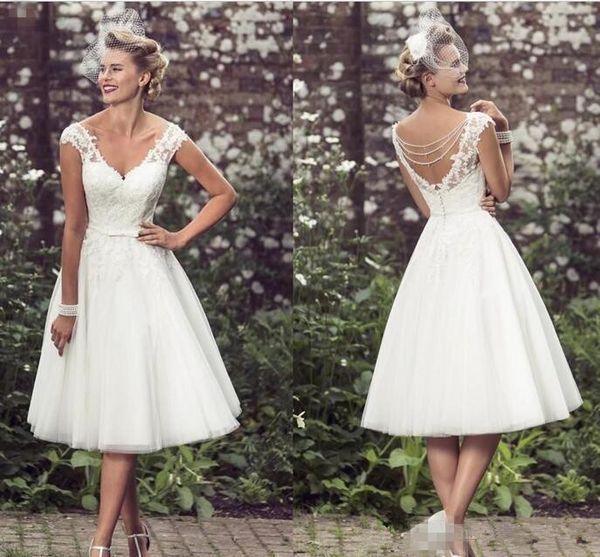 2018 elegant tea-length wedding dresses v neck cap sleeves appliques lace tulle ball gown short wedding dresses, White