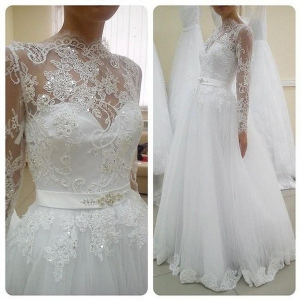 2018 new vintage high neck long sleeve wedding dresses floor length lace beads tulle spring garden bridal gowns vestido de noiva, White
2018 new vintage high neck long sleeve wedding dresses floor length lace beads tulle spring garden bridal gowns vestido de noiva, White