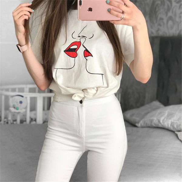 

женщины симпатичные sweety футболка белый любовь поцелуй губы печатных дизайнер футболки с коротким рукавом топ, White