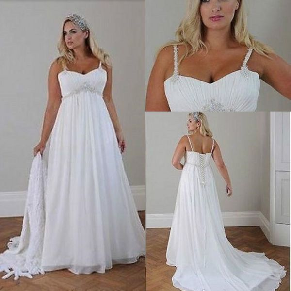 2018 Chiffon Spaghetti Straps A Line Beach Wedding Dresses Sleeveless Beaded Plus Size Floor Length Empire Waist Bridal Gowns Custom Made, White
2018 Chiffon Spaghetti Straps A Line Beach Wedding Dresses Sleeveless Beaded Plus Size Floor Length Empire Waist Bridal Gowns Custom Made, White