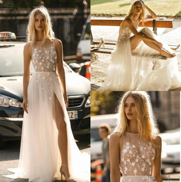 2019 gali karten ivory beach wedding dresses illusion lace appliques side split a line bridal gowns, White
2019 gali karten ivory beach wedding dresses illusion lace appliques side split a line bridal gowns, White