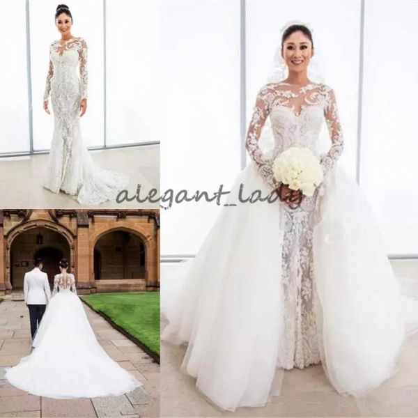 retro lace mermaid wedding dresses with tulle puffy overskirt spring summer long sleeves bridal gowns with detachable train, White
retro lace mermaid wedding dresses with tulle puffy overskirt spring summer long sleeves bridal gowns with detachable train, White