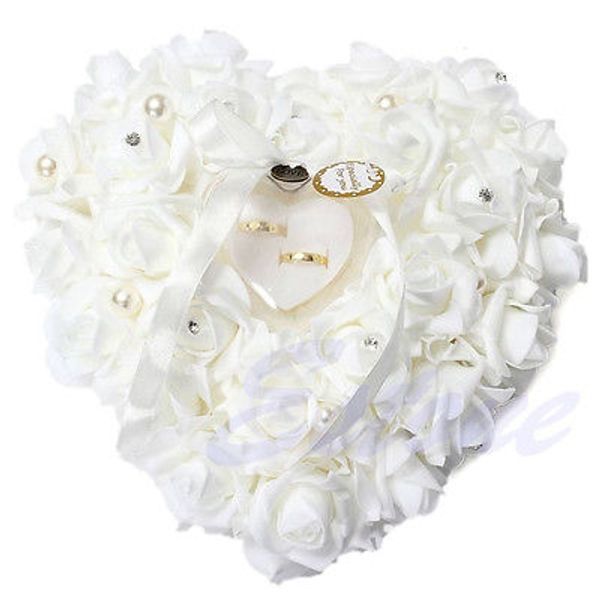 

wedding ceremony exquisite heart-shaped ivory satin crystal romantic rose ring bearer pillow cushion