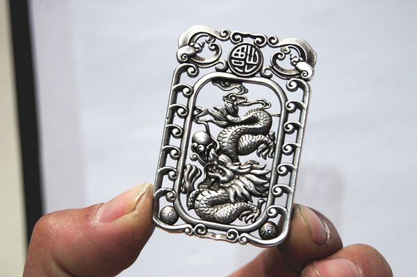 antique white bronze double-sided dragon play ball (lucky word). rectangular lucky necklace pendant., Silver
antique white bronze double-sided dragon play ball (lucky word). rectangular lucky necklace pendant., Silver
