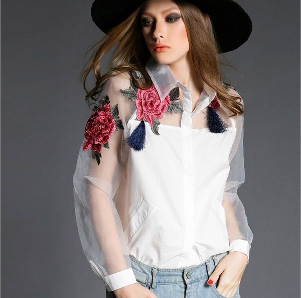 2018 new spring fashion elegant flower embroidery organza shirt camisetas casual women blouses 606b 32, White
2018 new spring fashion elegant flower embroidery organza shirt camisetas casual women blouses 606b 32, White