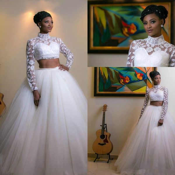 2018 stunning lace applique tulle bride gowns vintage a-line long sleeves two piece high neck african wedding bridal dress, White
2018 stunning lace applique tulle bride gowns vintage a-line long sleeves two piece high neck african wedding bridal dress, White