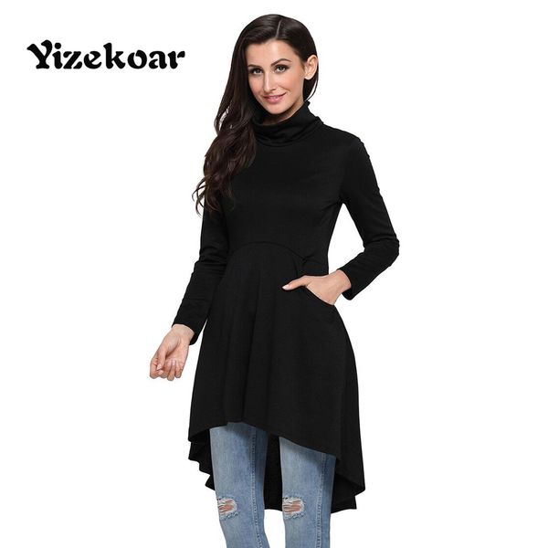 

yizekoar 2018 new arrival autumn women's casual black burgundy navy army green long sleeve pocket high low tunic 250662, White