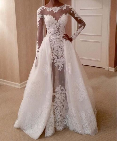 illusion long sleeves wedding dresses with overskirts lace appliques sweep train jewel neck bridal gowns zipper back wedding guest, White 
illusion long sleeves wedding dresses with overskirts lace appliques sweep train jewel neck bridal gowns zipper back wedding guest, White