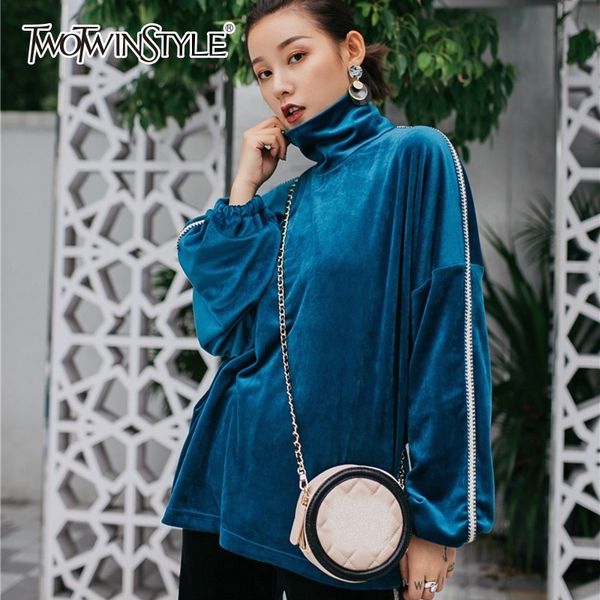 

twotwinstyle korean velvet women's sweatshirts pullover female turtleneck batwing long sleeve female fashion 2018 autumn, Black